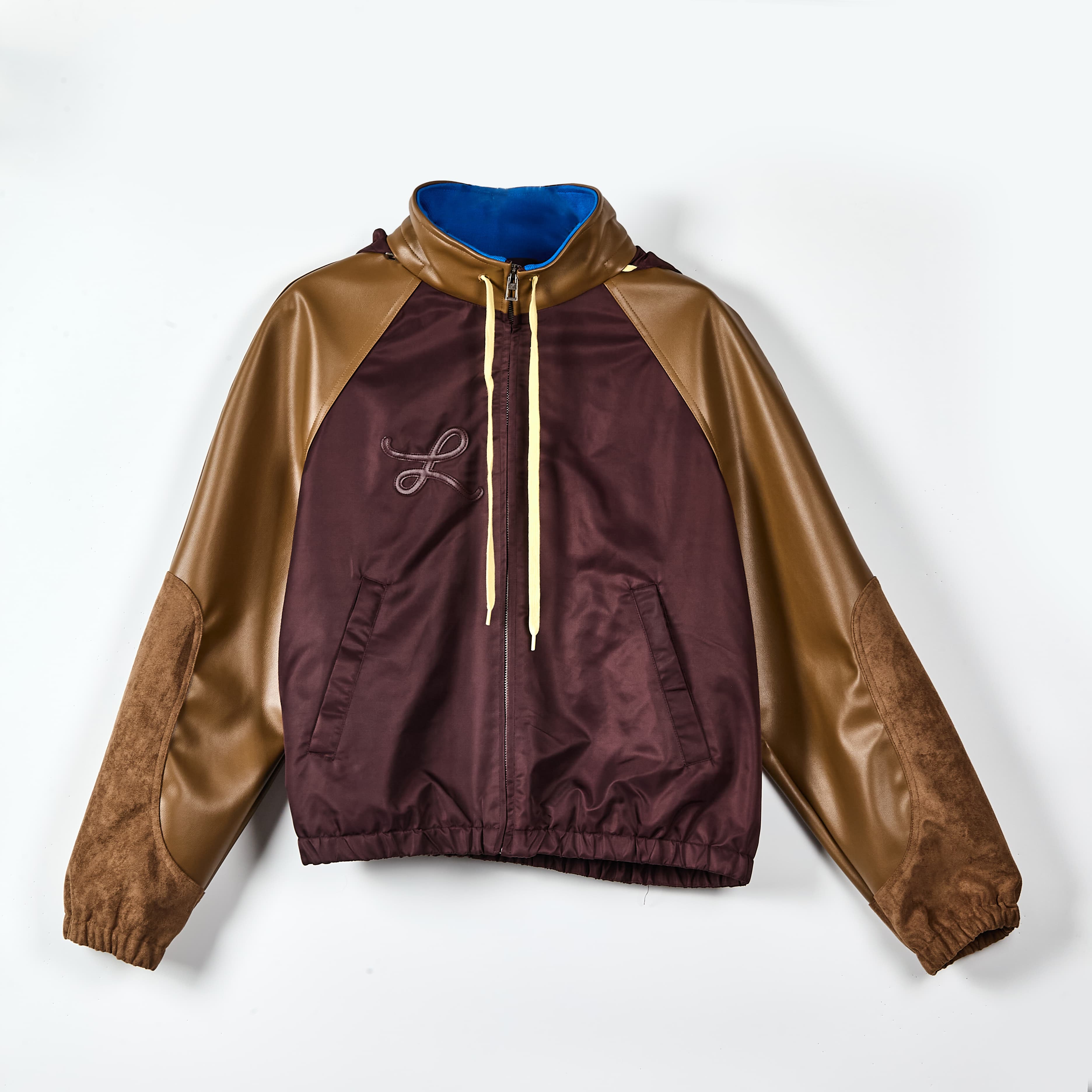Faux Leather & Nylon Hybrid Hooded Jacket - Streetwear Color Block Bomber